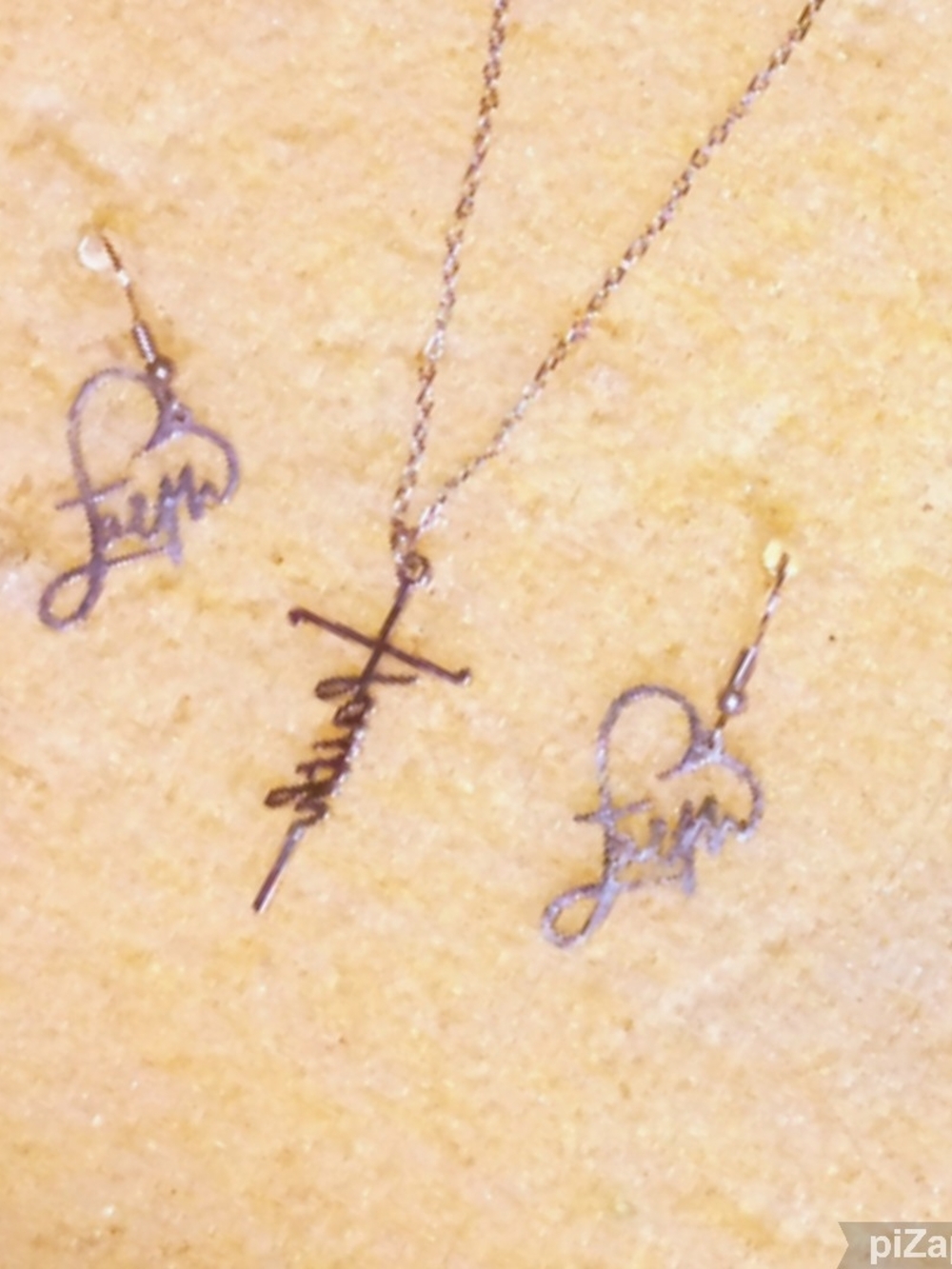 Silver Script Cross Necklace and Heart Script Earrings Set